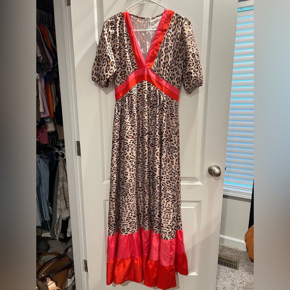 Leopard Print Maxi Dress with Red Accents